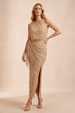 Champagne One Shoulder Beaded Rhinestone Sheath Long Wedding Guest Dress with Sash
