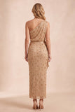Champagne One Shoulder Beaded Rhinestone Sheath Long Wedding Guest Dress with Sash
