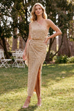 Champagne One Shoulder Beaded Rhinestone Sheath Long Wedding Guest Dress with Sash