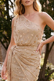 Champagne One Shoulder Beaded Rhinestone Sheath Long Wedding Guest Dress with Sash