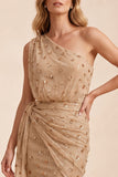 Champagne One Shoulder Beaded Rhinestone Sheath Long Wedding Guest Dress with Sash