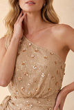 Champagne One Shoulder Beaded Rhinestone Sheath Long Wedding Guest Dress with Sash