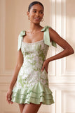 Light Green Sheath Square Neck Ruffled Short Homecoming Dress with Beading