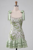 Light Green Sheath Square Neck Ruffled Short Homecoming Dress with Beading