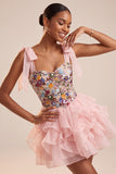 Pink Corset Sweetheart Ruffled Mini Homecoming Dress with Embroidery