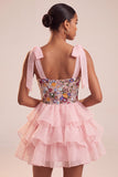Pink Corset Sweetheart Ruffled Mini Homecoming Dress with Embroidery