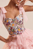 Pink Corset Sweetheart Ruffled Mini Homecoming Dress with Embroidery