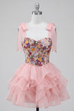 Pink Corset Sweetheart Ruffled Mini Homecoming Dress with Embroidery