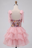 Pink Corset Sweetheart Ruffled Mini Homecoming Dress with Embroidery