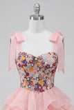 Pink Corset Sweetheart Ruffled Mini Homecoming Dress with Embroidery