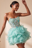 Mint Green Corset Strapless Ruffled Mini Homecoming Dress with Appliques
