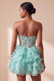 Mint Green Corset Strapless Ruffled Mini Homecoming Dress with Appliques