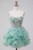 Mint Green Corset Strapless Ruffled Mini Homecoming Dress with Appliques