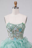 Mint Green Corset Strapless Ruffled Mini Homecoming Dress with Appliques