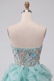 Mint Green Corset Strapless Ruffled Mini Homecoming Dress with Appliques