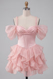 Pink Corset Sweetheart Ruffled Short Homecoming Dress