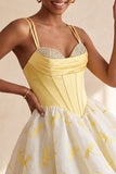 Yellow Corset Sweetheart Short Bubble Hem Homecoming Dress with Rhinestone