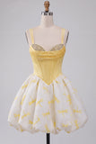 Yellow Corset Sweetheart Short Bubble Hem Homecoming Dress with Rhinestone