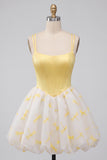 Yellow Corset Sweetheart Short Bubble Hem Homecoming Dress with Rhinestone