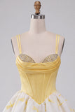 Yellow Corset Sweetheart Short Bubble Hem Homecoming Dress with Rhinestone