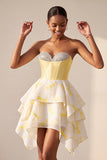 Yellow Corset Sweetheart Printed High-Low Homecoming Dress with Rhinestone