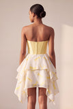 Yellow Corset Sweetheart Printed High-Low Homecoming Dress with Rhinestone