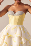 Yellow Corset Sweetheart Printed High-Low Homecoming Dress with Rhinestone