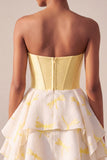 Yellow Corset Sweetheart Printed High-Low Homecoming Dress with Rhinestone