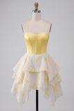 Yellow Corset Sweetheart Printed High-Low Homecoming Dress with Rhinestone