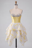 Yellow Corset Sweetheart Printed High-Low Homecoming Dress with Rhinestone