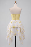 Yellow Corset Sweetheart Printed High-Low Homecoming Dress with Rhinestone