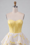 Yellow Corset Sweetheart Printed High-Low Homecoming Dress with Rhinestone