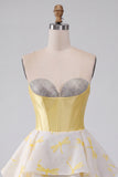 Yellow Corset Sweetheart Printed High-Low Homecoming Dress with Rhinestone