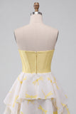 Yellow Corset Sweetheart Printed High-Low Homecoming Dress with Rhinestone