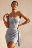Grey Blue Corset Sheath Strapless Ruched Short Homecoming Dress with Lace