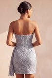 Grey Blue Corset Sheath Strapless Ruched Short Homecoming Dress with Lace