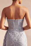 Grey Blue Corset Sheath Strapless Ruched Short Homecoming Dress with Lace