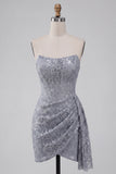 Grey Blue Corset Sheath Strapless Ruched Short Homecoming Dress with Lace