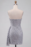 Grey Blue Corset Sheath Strapless Ruched Short Homecoming Dress with Lace