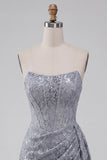 Grey Blue Corset Sheath Strapless Ruched Short Homecoming Dress with Lace