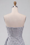 Grey Blue Corset Sheath Strapless Ruched Short Homecoming Dress with Lace