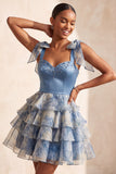 Grey Blue Tiered Sweetheart Beaded Short Homecoming Dress