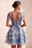 Grey Blue Tiered Sweetheart Beaded Short Homecoming Dress