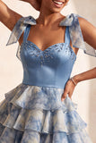 Grey Blue Tiered Sweetheart Beaded Short Homecoming Dress