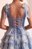 Grey Blue Tiered Sweetheart Beaded Short Homecoming Dress