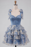 Grey Blue Tiered Sweetheart Beaded Short Homecoming Dress