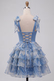 Grey Blue Tiered Sweetheart Beaded Short Homecoming Dress