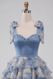 Grey Blue Tiered Sweetheart Beaded Short Homecoming Dress