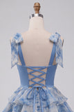 Grey Blue Tiered Sweetheart Beaded Short Homecoming Dress