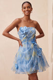 Grey Blue Strapless A-Line Ruched Short Homecoming Dress with 3D Flower